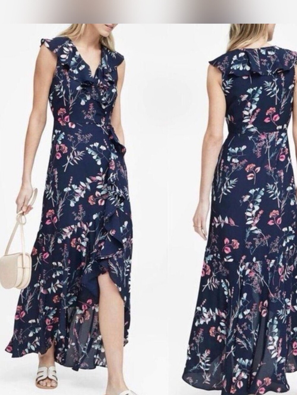 Banana Republic Navy Maxi Ruffle Dress with Pink and Teal Floral Print